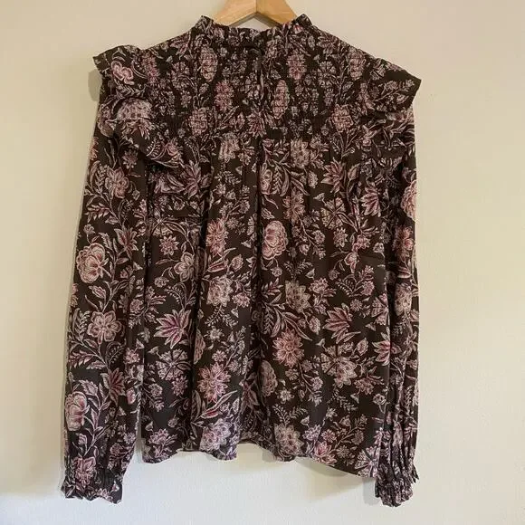Gap Floral Smocked Ruffle Boho Top, Brown, Size XS - Picture 7 of 12